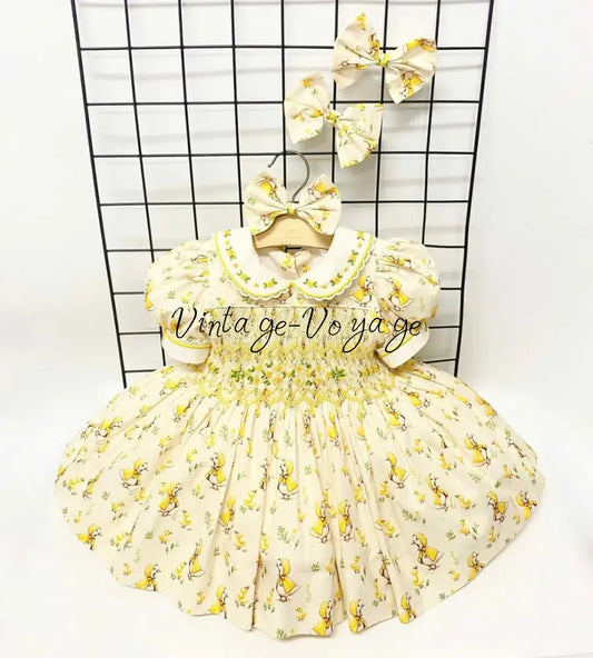 PRE-ORDER & GET NEXT WEEK! NEW! LUCKY DUCK PRINTED HAND-SMOCKED DRESS & HAIR ACCESSORIES 3M Baby & Toddler Dresses