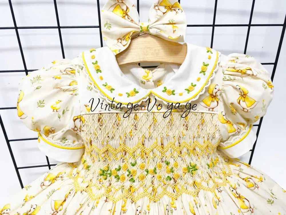 PRE-ORDER & GET NEXT WEEK! NEW! LUCKY DUCK PRINTED HAND-SMOCKED DRESS & HAIR ACCESSORIES Baby & Toddler Dresses