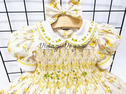 PRE-ORDER & GET NEXT WEEK! NEW! LUCKY DUCK PRINTED HAND-SMOCKED DRESS & HAIR ACCESSORIES Baby & Toddler Dresses