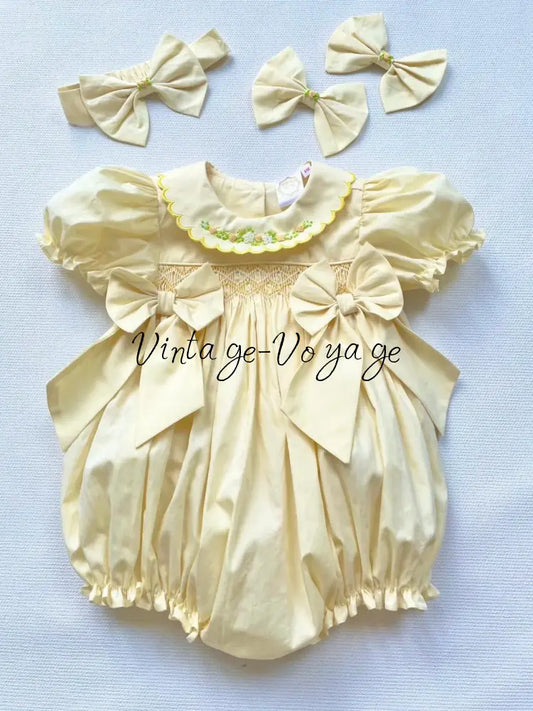 PRE-ORDER & GET NEXT WEEK! 🤩NEW☀️MAE LEMON🌷HAND-SMOCKED ROMPER & HAIR BOWS🎀 3M Baby & Toddler Outfits