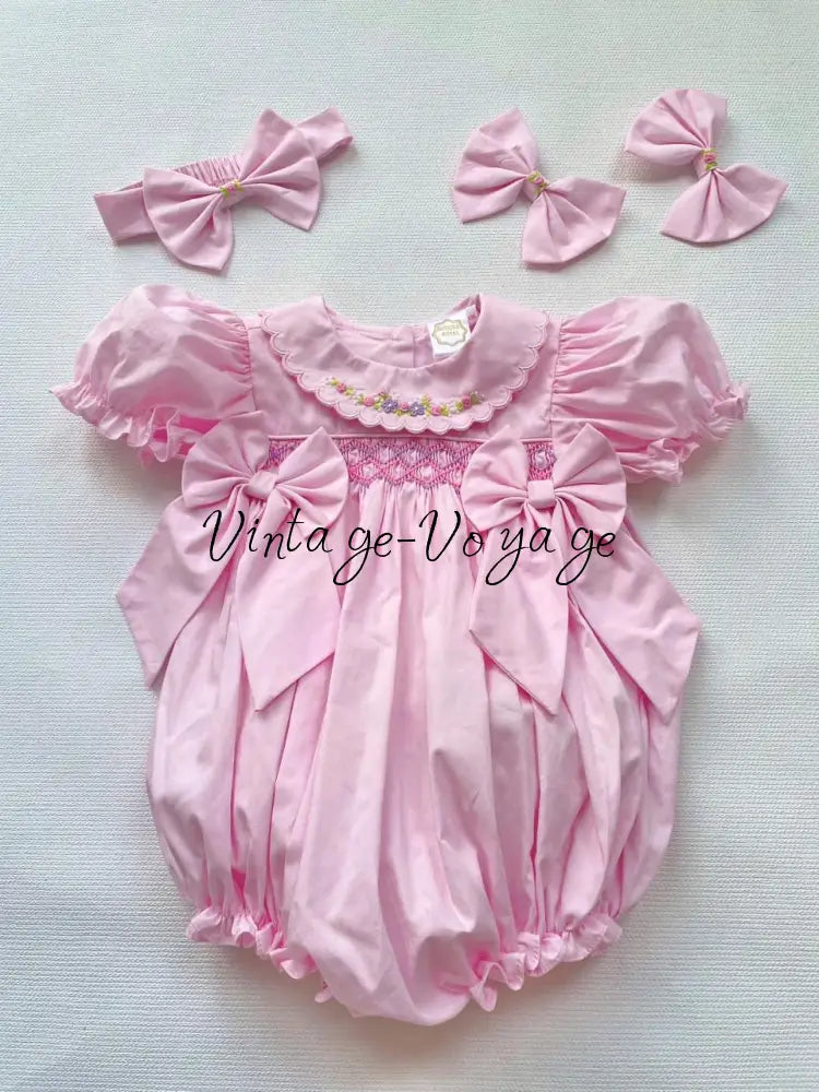 PRE-ORDER & GET NEXT WEEK! 🤩NEW☀️MAE PINK🌷HAND-SMOCKED ROMPER & HAIR BOWS🎀 3M Baby & Toddler Outfits