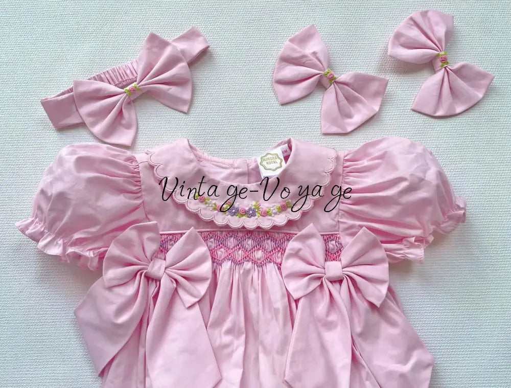 PRE-ORDER & GET NEXT WEEK! 🤩NEW☀️MAE PINK🌷HAND-SMOCKED ROMPER & HAIR BOWS🎀 Baby & Toddler Outfits
