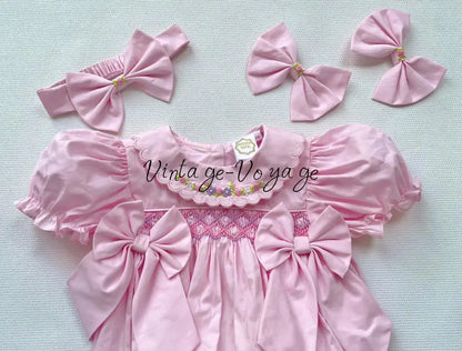 PRE-ORDER & GET NEXT WEEK! 🤩NEW☀️MAE PINK🌷HAND-SMOCKED ROMPER & HAIR BOWS🎀 Baby & Toddler Outfits