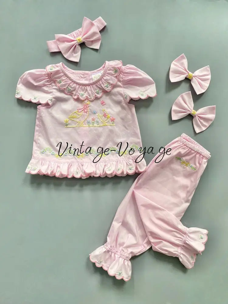 PRE-ORDER & GET NEXT WEEK‼️NEW🤩MARY PINK 👑🕊️COTTON HAND-EMBROIDERED🧵🪡 PYJAMA SET🎀 3M pyjama set