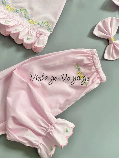 PRE-ORDER & GET NEXT WEEK‼️NEW🤩MARY PINK 👑🕊️COTTON HAND-EMBROIDERED🧵🪡 PYJAMA SET🎀 pyjama set
