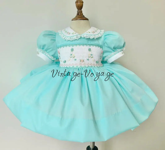 PRE-ORDER & GET NEXT WEEK! NEW MARY👑 TURQUOISE HAND-SMOCKED🧵🪡DRESS PANTIES & HAIR ACCESSORIES - 6M - Baby & Toddler