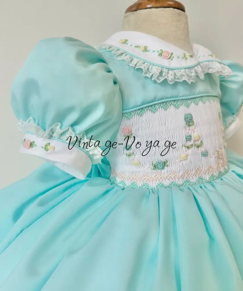 PRE-ORDER & GET NEXT WEEK! NEW MARY👑 TURQUOISE HAND-SMOCKED🧵🪡DRESS PANTIES & HAIR ACCESSORIES - Baby & Toddler Dresses