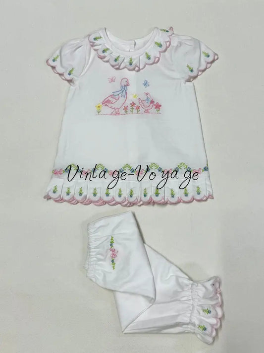 PRE-ORDER & GET NEXT WEEK‼️NEW🤩MARY WHITE & PINK 👑🕊️COTTON HAND-EMBROIDERED🧵🪡 PYJAMA SET🎀 3M pyjama set