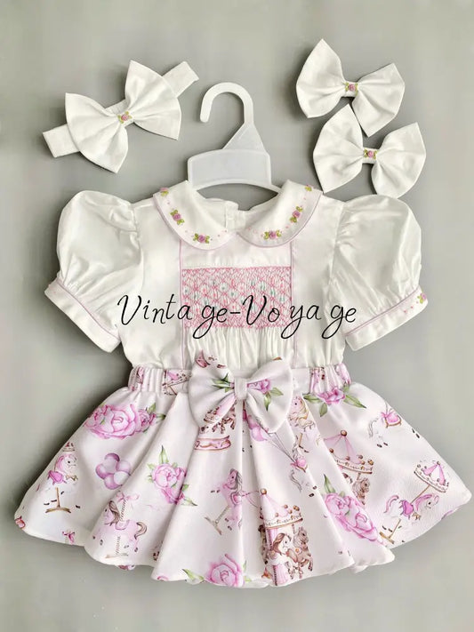 PRE-ORDER&GET NEXT WEEK!NEW! MIRANDA LILAC CUSTOM PRINTED HAND-SMOCKED SKIRT SET 3M Baby & Toddler Outfits