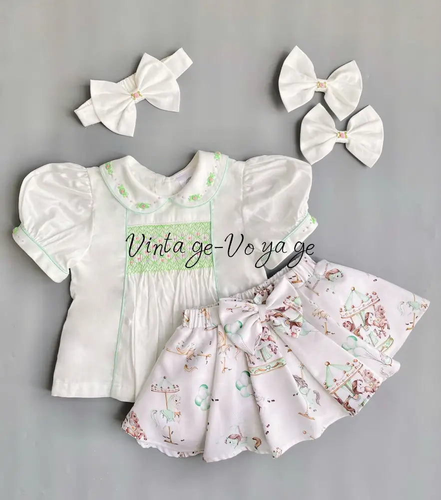 PRE-ORDER&GET NEXT WEEK!NEW! MIRANDA MINT CUSTOM PRINTED HAND-SMOCKED SKIRT SET 3M Baby & Toddler Outfits