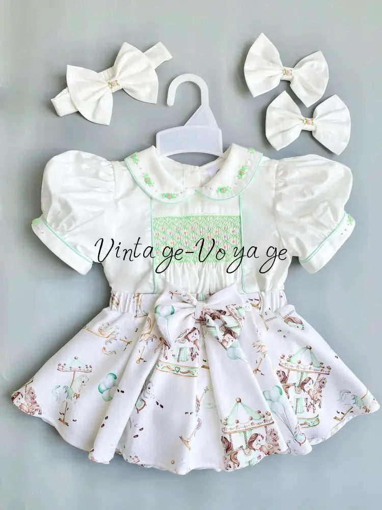 PRE-ORDER&GET NEXT WEEK!NEW! MIRANDA MINT CUSTOM PRINTED HAND-SMOCKED SKIRT SET Baby & Toddler Outfits