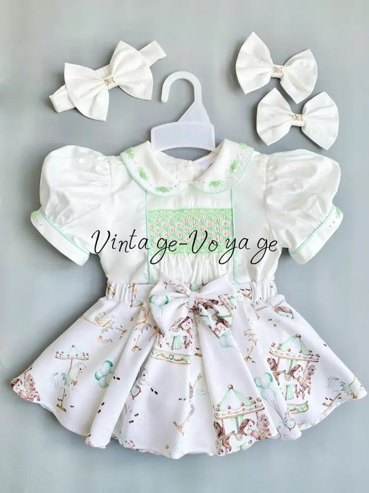 PRE-ORDER&GET NEXT WEEK!NEW! MIRANDA MINT CUSTOM PRINTED HAND-SMOCKED SKIRT SET Baby & Toddler Outfits