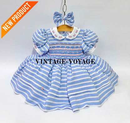 PRE ORDER&GET NEXT WEEK! NEW! OLIVIA BLUE STRIPES FRONT & BACK HAND SMOCKED🧵🪡 DRESS & HAIR BOWS🎀 6M Baby & Toddler