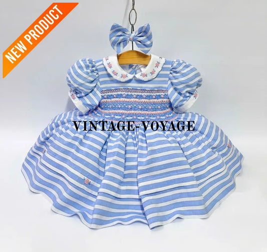 PRE ORDER&GET NEXT WEEK! NEW! OLIVIA BLUE STRIPES FRONT & BACK HAND SMOCKED🧵🪡 DRESS & HAIR BOWS🎀 6M Baby & Toddler