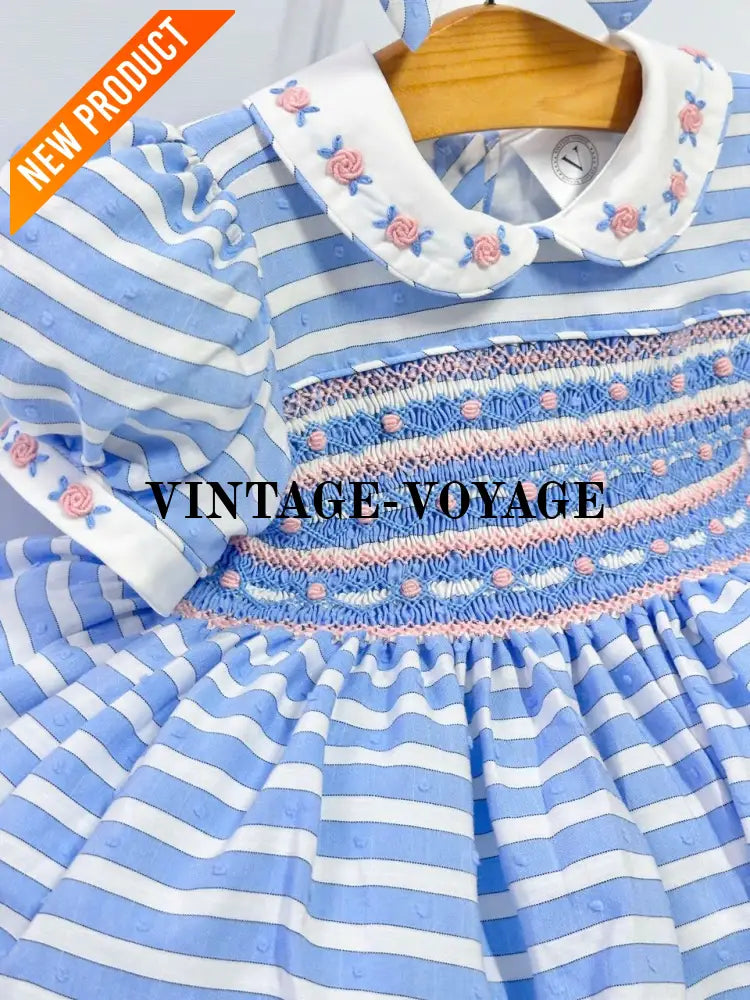 PRE ORDER&GET NEXT WEEK! NEW! OLIVIA BLUE STRIPES FRONT & BACK HAND SMOCKED🧵🪡 DRESS & HAIR BOWS🎀 Baby & Toddler Dresses