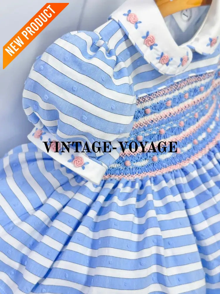 PRE ORDER&GET NEXT WEEK! NEW! OLIVIA BLUE STRIPES FRONT & BACK HAND SMOCKED🧵🪡 DRESS & HAIR BOWS🎀 Baby & Toddler Dresses