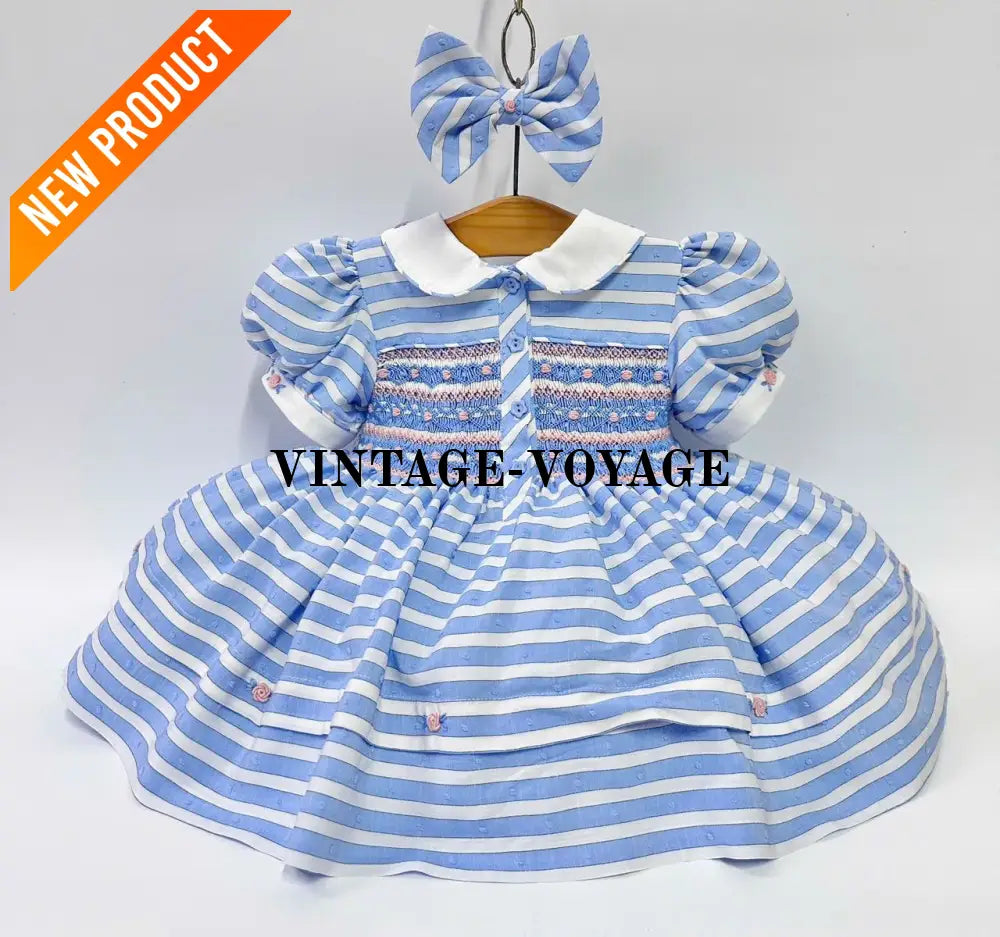 PRE ORDER&GET NEXT WEEK! NEW! OLIVIA BLUE STRIPES FRONT & BACK HAND SMOCKED🧵🪡 DRESS & HAIR BOWS🎀 Baby & Toddler Dresses