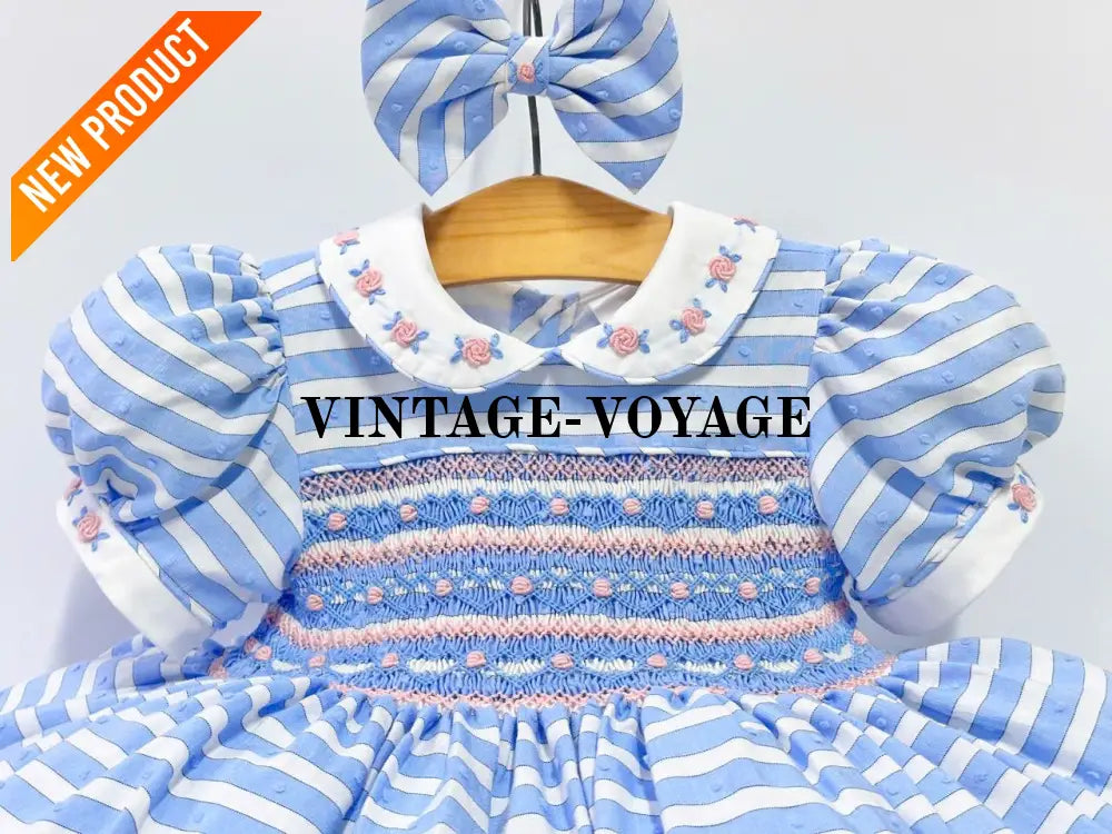 PRE ORDER&GET NEXT WEEK! NEW! OLIVIA BLUE STRIPES FRONT & BACK HAND SMOCKED🧵🪡 DRESS & HAIR BOWS🎀 Baby & Toddler Dresses