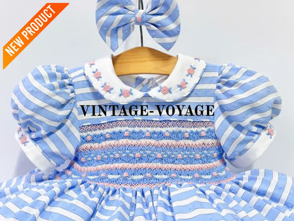 PRE ORDER&GET NEXT WEEK! NEW! OLIVIA BLUE STRIPES FRONT & BACK HAND SMOCKED🧵🪡 DRESS & HAIR BOWS🎀 Baby & Toddler Dresses