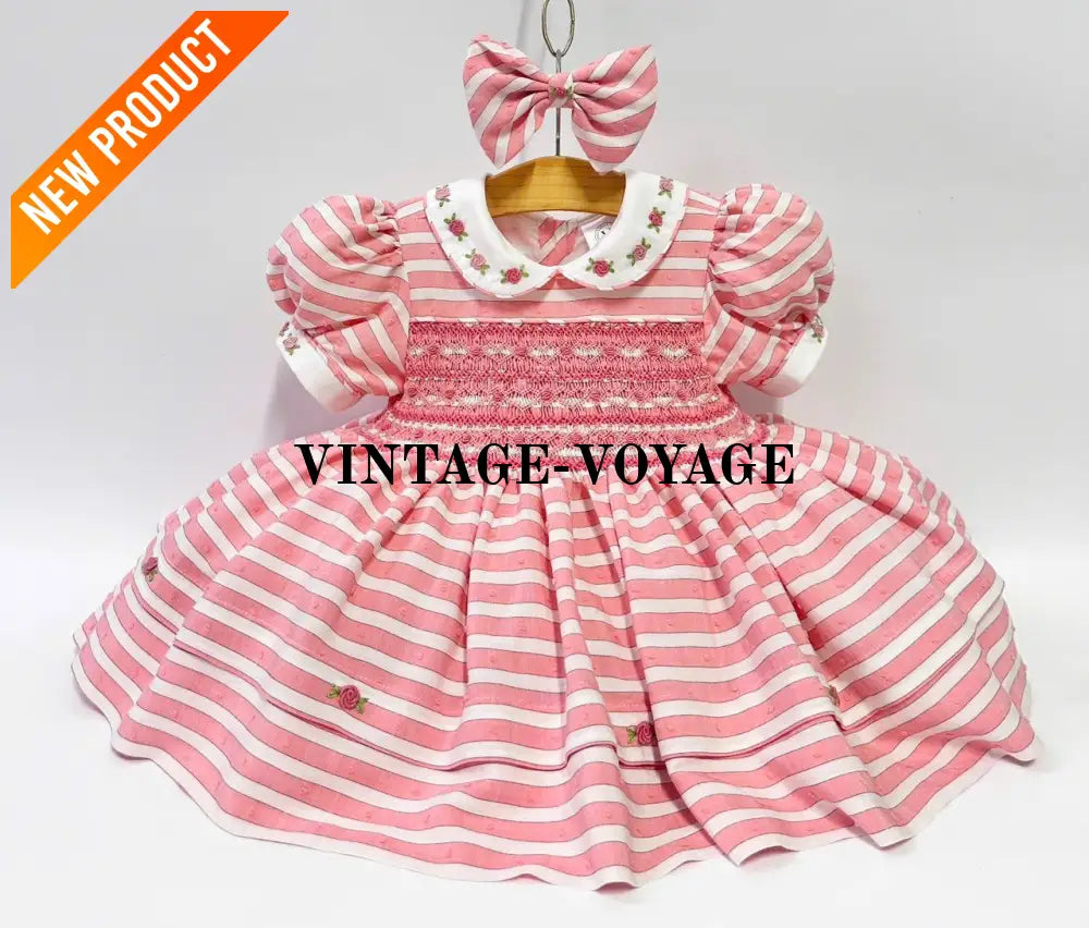 PRE ORDER&GET NEXT WEEK! NEW! OLIVIA CORAL STRIPES FRONT & BACK HAND SMOCKED🧵🪡 DRESS & HAIR BOWS🎀 6M Baby & Toddler