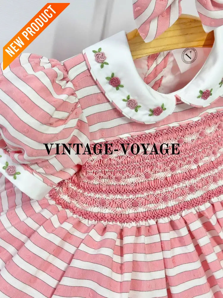 PRE ORDER&GET NEXT WEEK! NEW! OLIVIA CORAL STRIPES FRONT & BACK HAND SMOCKED🧵🪡 DRESS & HAIR BOWS🎀 Baby & Toddler Dresses
