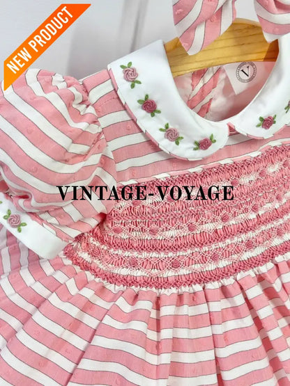 PRE ORDER&GET NEXT WEEK! NEW! OLIVIA CORAL STRIPES FRONT & BACK HAND SMOCKED🧵🪡 DRESS & HAIR BOWS🎀 Baby & Toddler Dresses