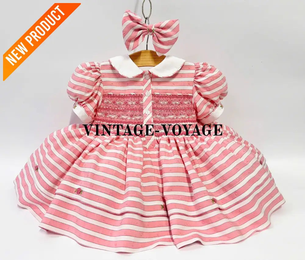 PRE ORDER&GET NEXT WEEK! NEW! OLIVIA CORAL STRIPES FRONT & BACK HAND SMOCKED🧵🪡 DRESS & HAIR BOWS🎀 Baby & Toddler Dresses