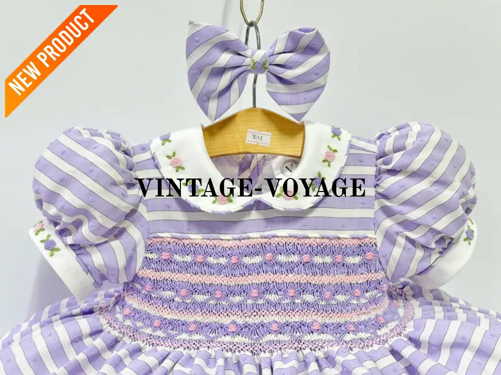 PRE ORDER&GET NEXT WEEK! NEW! OLIVIA LILAC STRIPES FRONT & BACK HAND SMOCKED🧵🪡 DRESS & HAIR BOWS🎀 6M Baby & Toddler