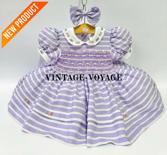 PRE ORDER&GET NEXT WEEK! NEW! OLIVIA LILAC STRIPES FRONT & BACK HAND SMOCKED🧵🪡 DRESS & HAIR BOWS🎀 Baby & Toddler Dresses