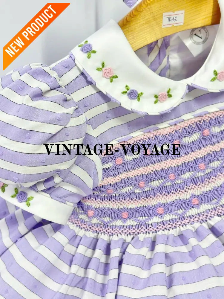 PRE ORDER&GET NEXT WEEK! NEW! OLIVIA LILAC STRIPES FRONT & BACK HAND SMOCKED🧵🪡 DRESS & HAIR BOWS🎀 Baby & Toddler Dresses