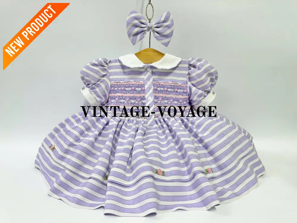 PRE ORDER&GET NEXT WEEK! NEW! OLIVIA LILAC STRIPES FRONT & BACK HAND SMOCKED🧵🪡 DRESS & HAIR BOWS🎀 Baby & Toddler Dresses