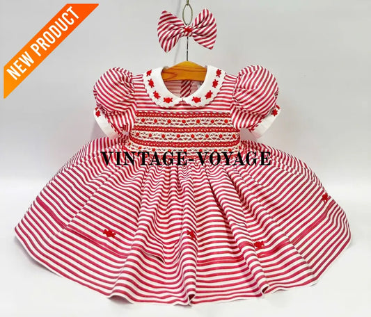 PRE ORDER&GET NEXT WEEK! NEW! OLIVIA RED STRIPES FRONT & BACK HAND SMOCKED🧵🪡 DRESS & HAIR BOWS🎀 6M Baby & Toddler