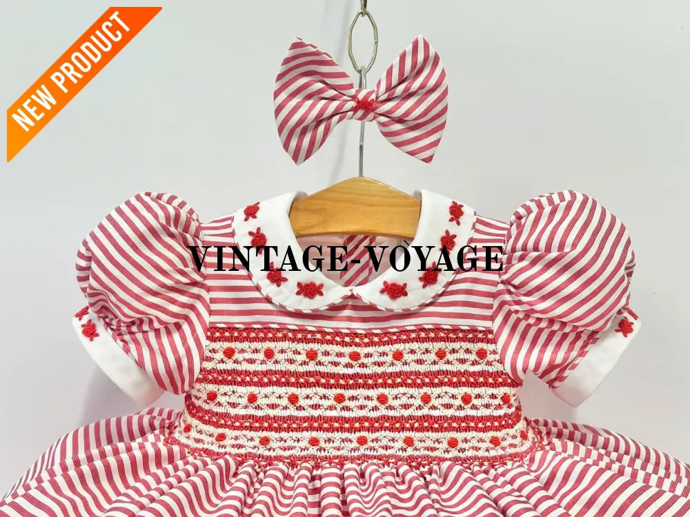 PRE ORDER&GET NEXT WEEK! NEW! OLIVIA RED STRIPES FRONT & BACK HAND SMOCKED🧵🪡 DRESS & HAIR BOWS🎀 Baby & Toddler Dresses