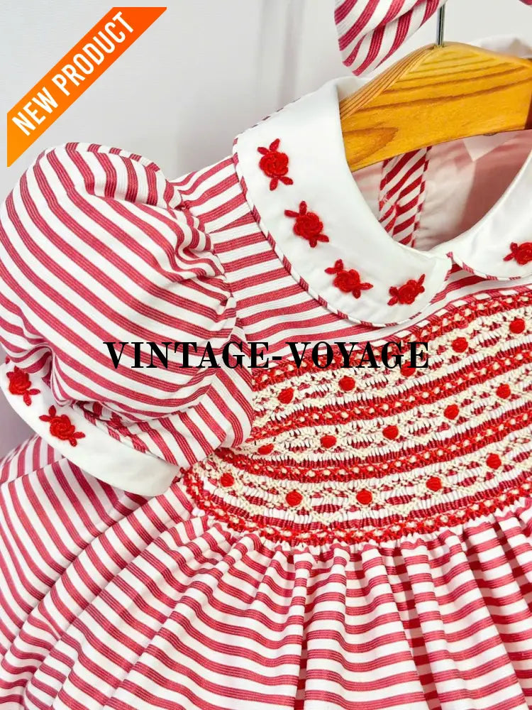 PRE ORDER&GET NEXT WEEK! NEW! OLIVIA RED STRIPES FRONT & BACK HAND SMOCKED🧵🪡 DRESS & HAIR BOWS🎀 Baby & Toddler Dresses