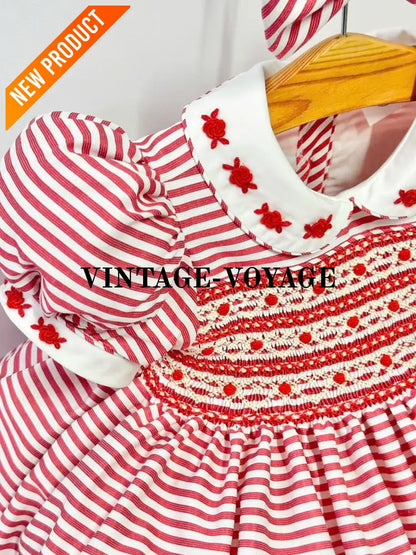 PRE ORDER&GET NEXT WEEK! NEW! OLIVIA RED STRIPES FRONT & BACK HAND SMOCKED🧵🪡 DRESS & HAIR BOWS🎀 Baby & Toddler Dresses