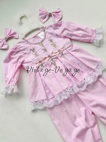 PRE-ORDER & GET NEXT WEEK! NEW! ROSY PINK COTTON HAND-EMBROIDERED LACE & RIBBON PYJAMA SET pyjama set