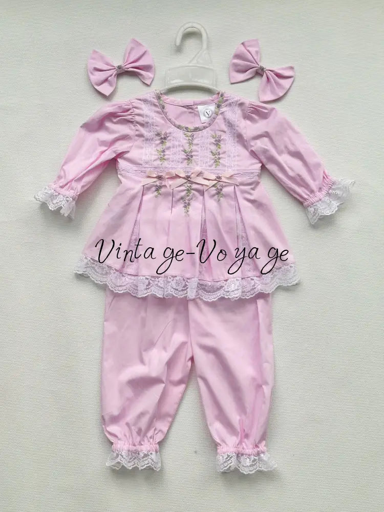 PRE-ORDER & GET NEXT WEEK! NEW! ROSY PINK COTTON HAND-EMBROIDERED LACE & RIBBON PYJAMA SET 3M pyjama set