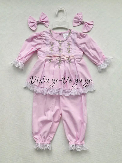 PRE-ORDER & GET NEXT WEEK! NEW! ROSY PINK COTTON HAND-EMBROIDERED LACE & RIBBON PYJAMA SET 3M pyjama set