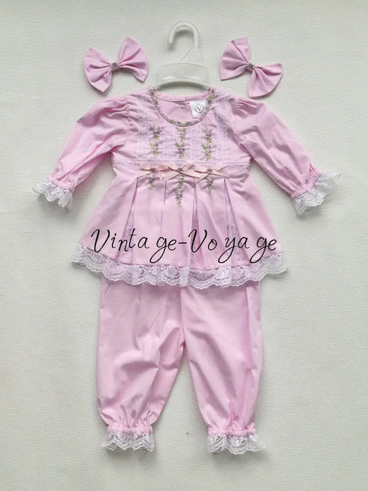 PRE-ORDER & GET NEXT WEEK! NEW! ROSY PINK COTTON HAND-EMBROIDERED LACE & RIBBON PYJAMA SET 3M pyjama set