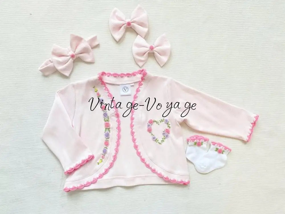 PRE-ORDER & GET NEXT WEEK! NEW SEASON! MIRANDA BABY PINK COTTON HAND-EMBROIDERED CARDIGAN SOCKS & HAIR ACCESSORIES - 1M