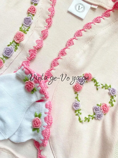 PRE-ORDER & GET NEXT WEEK! NEW SEASON! MIRANDA BABY PINK COTTON HAND-EMBROIDERED CARDIGAN SOCKS & HAIR ACCESSORIES