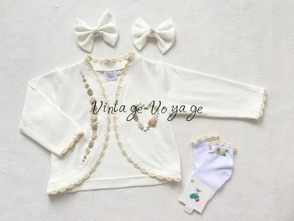 PRE-ORDER & GET NEXT WEEK! NEW SEASON! MIRANDA CREAM COTTON HAND-EMBROIDERED CARDIGAN SOCKS & HAIR ACCESSORIES - 1M