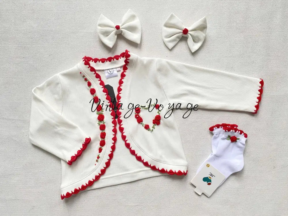 PRE-ORDER & GET NEXT WEEK! NEW SEASON! MIRANDA RED COTTON HAND-EMBROIDERED CARDIGAN SOCKS & HAIR ACCESSORIES - 1M