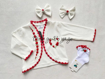 PRE-ORDER & GET NEXT WEEK! NEW SEASON! MIRANDA RED COTTON HAND-EMBROIDERED CARDIGAN SOCKS & HAIR ACCESSORIES - 1M