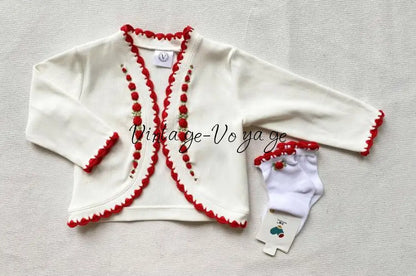 PRE-ORDER & GET NEXT WEEK‼️NEW SEASON🍁🎄OLIVIA RED🧑‍🎄❤️COTTON HAND-EMBROIDERED🧵🪡CARDIGAN SOCKS & HAIR ACCESSORIES🎀 - 1M