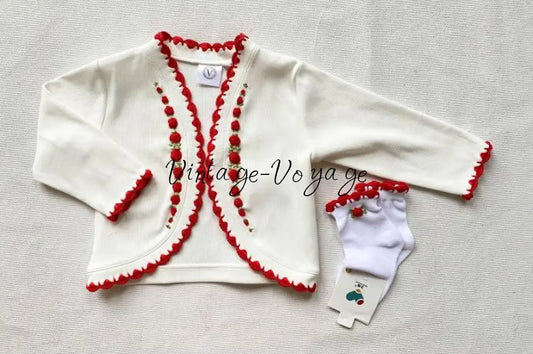 PRE-ORDER & GET NEXT WEEK‼️NEW SEASON🍁🎄OLIVIA RED🧑‍🎄❤️COTTON HAND-EMBROIDERED🧵🪡CARDIGAN SOCKS & HAIR ACCESSORIES🎀 - 1M