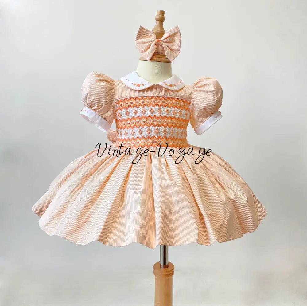 PRE-ORDER & GET NEXT WEEK! NEW!TAMMY PEACH 👗 STRIPES HAND-SMOCKED🧵🪡DRESS & HAIR ACCESSORIES🎀 6M Baby & Toddler Dresses