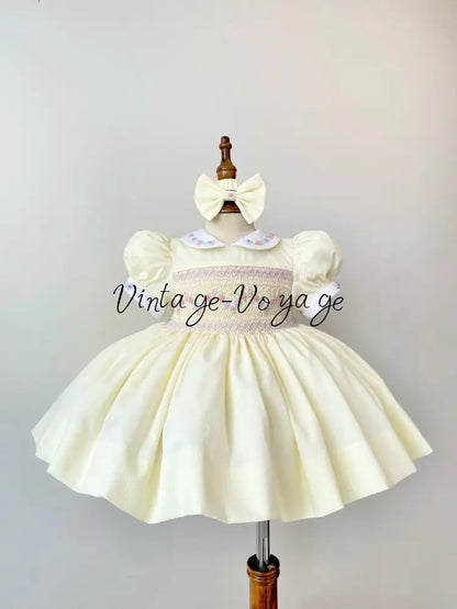 PRE-ORDER & GET NEXT WEEK! NEW! VIOLA BISCUIT FRONT & BACK HAND SMOCKED🧵🪡DRESS,PANTIES & HAIR ACCESSORIES🎀🩲 - 3 months