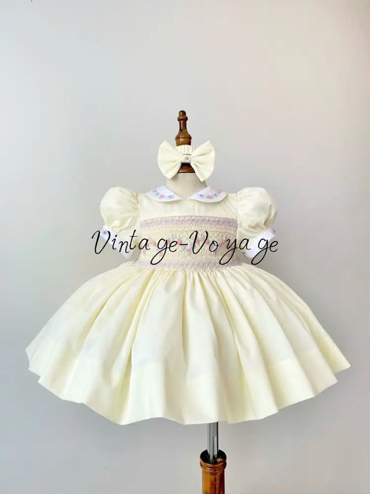 PRE-ORDER & GET NEXT WEEK! NEW! VIOLA BISCUIT FRONT & BACK HAND SMOCKED🧵🪡DRESS,PANTIES & HAIR ACCESSORIES🎀🩲 - 3 months