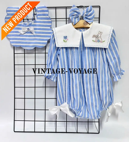 PRE ORDER&GET NEXT WEEK! NEW! VIVI BLUE STRIPED HAND EMBROIDERED BABY ROMPER BIB & HAIR ACCESSORIES SET NB 1M Baby &
